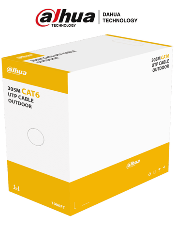 DAHUA PFM920-6U - Bobina de cable UTP Cat6 para exterior Dahua PFM920-6U. Con 305 metros de 100% cobre, cubierta MDPE resistente y color negro, cumple con ANSI/TIA 568-C.2, RoHS, y es retardante de flama, ideal para instalaciones seguras.