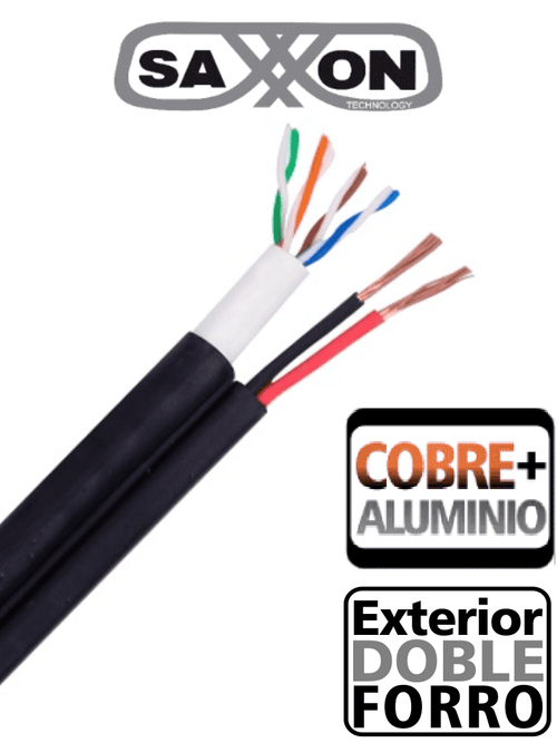 SAXXON OUTP5ECCAEXT2E - Bobina de Cable UTP Cat5e Siames/ 305 Metros/ Uso Exterior/ CCA/ UTP+Cables de Energía Cal. 18 AWG/ Doble Forro en Cable UTP/ Ideal para Cableado de Video
