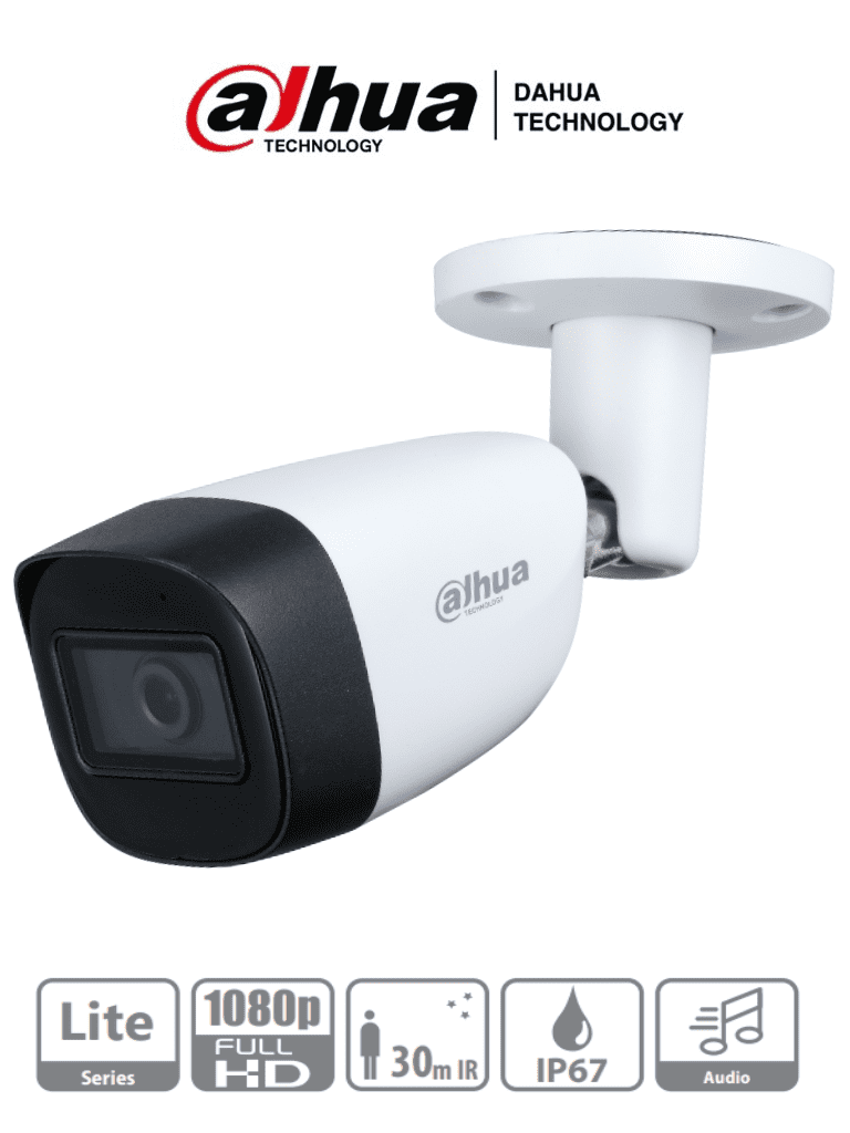 DAHUA HAC-HFW1200CMN-A- Camara Bullet 1080p/ Lente de 2.8 mm/ Microfono Integrado/ 101 Grados de Apertura/ Metalica/ IR de 30 Mts/ IP67/