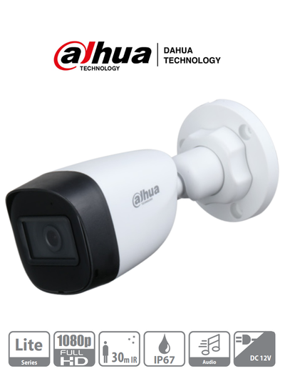 DAHUA HAC-HFW1200CN-A - Cámara Bullet 1080p/ Micrófono Integrado/ Lente de 2.8mm/ 30 Mts de Ir/ IP67/ Policarbonato/