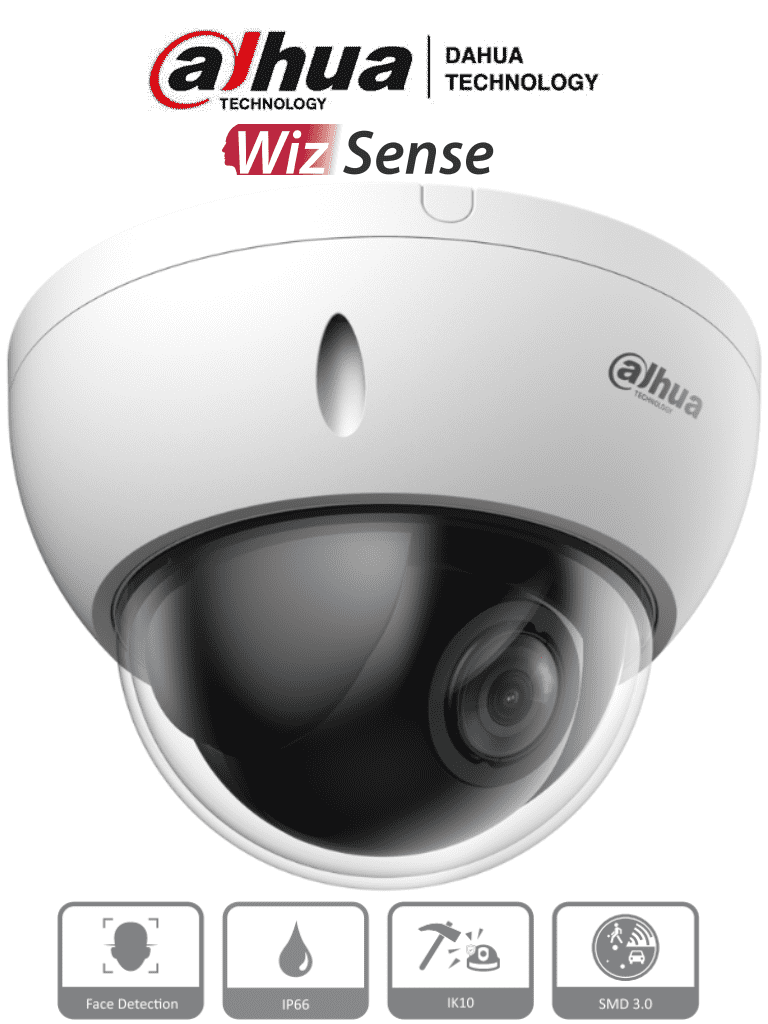 DAHUA SD22204DB-GNY - Cámara IP PTZ de 2 MP / WizSense/ 4x de Zoom óptico/ Starlight / Detección facial/ SMD 3.0/ Antivandálica IK10/ Exterior IP66/ Protección perimetral / Ranura para MicroSD/ PoE/