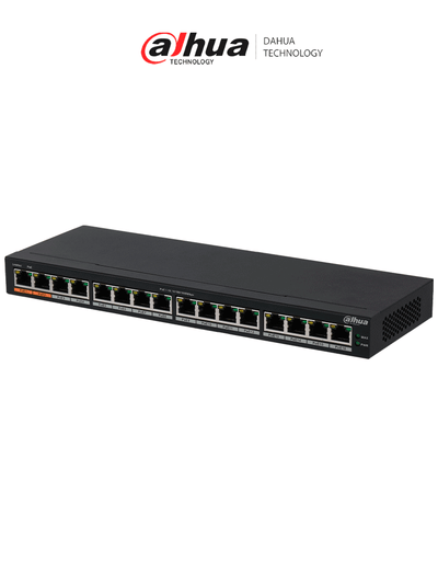 DAHUA DH-PFS3016-16GT-190 - Switch Gigabit PoE de 16 Puertos/ 190 Watts Totales/ Los 2 Puertos Naranjas Soportan Hi-PoE Estandar/ Switching 32 Gbps/ Tasa de Reenvio de paquetes 23.808 Mbps/ Protección Contra Descargas/