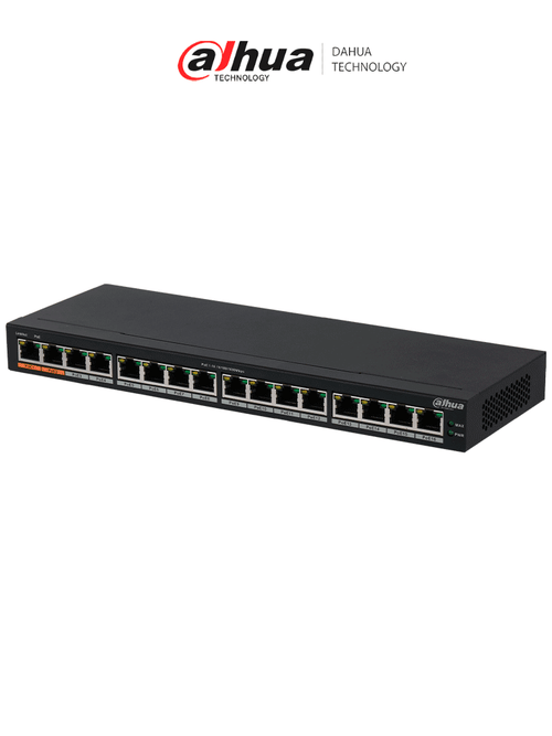 DAHUA DH-PFS3016-16GT-190 - Switch Gigabit PoE de 16 Puertos/ 190 Watts Totales/ Los 2 Puertos Naranjas Soportan Hi-PoE Estandar/ Switching 32 Gbps/ Tasa de Reenvio de paquetes 23.808 Mbps/ Protección Contra Descargas/