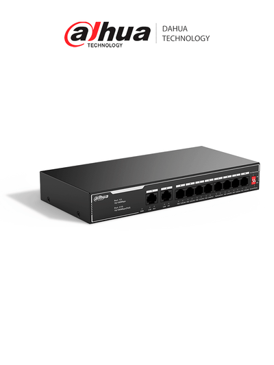 DAHUA SF1010LP - Switch PoE de 10 Puertos Fast Ethernet/ 8 Puertos PoE 10/100 / 65 Watts Totales / 2 Puertos Uplink RJ-45/ PoE watchdog/ Hasta 250 metros/ Switching 12 Gbps/ Protección Contra Descargas