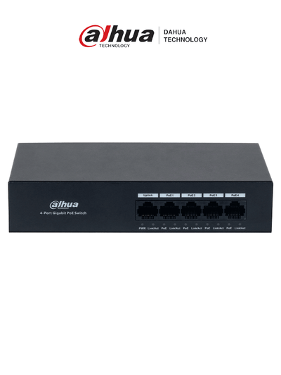 DAHUA DH-PFS3005-4GT-36 - Switch con 4 puertos Gigabit PoE y 1 puerto Uplink RJ45 10/100/1000 Mbps. Ofrece protección contra descargas eléctricas, ideal para alimentar dispositivos IP. Incluye fuente de Poder.