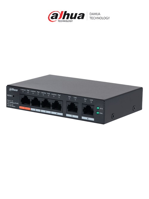 DAHUA DH-CS4006-4ET2ET-60 - Switch PoE de 6 Puertos Administrable con 4 PoE (10/100 Mbps) y 2 uplink (10/100 Mbps). Total de 65 W PoE, administración en la nube con DoLynk Care, carcasa metálica robusta, ideal para redes IP.