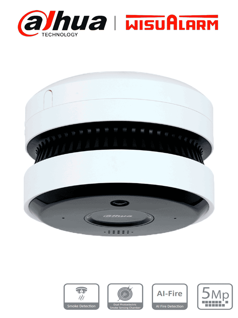 DAHUA WISUALARM DHI-HY-SAV849HA-E -Cámara IP 5MP con IA para Detección de Incendio/Detector Fotoelectrico/ Buzzer de 85 dB/ WDR Real/ Flip/ E&S de Alarma/ IR de 20 Metros/ PoE/Microfono y Altavoz/Ranura MicroSD
