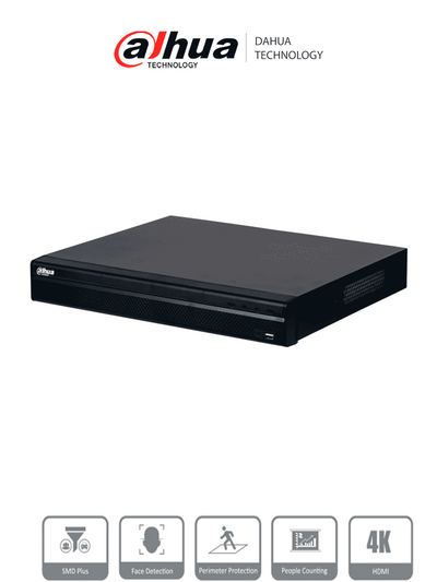 DAHUA DHI-NVR4232-4KS3 NVR De 32 canales IP, 8 MP/4K, 160 Mbps, Smart H.265+, 2 Bahías para HDD de 20 TB cada uno, HDMI & VGA, soporta cámaras WizSense y 2 canales SMD Plus.