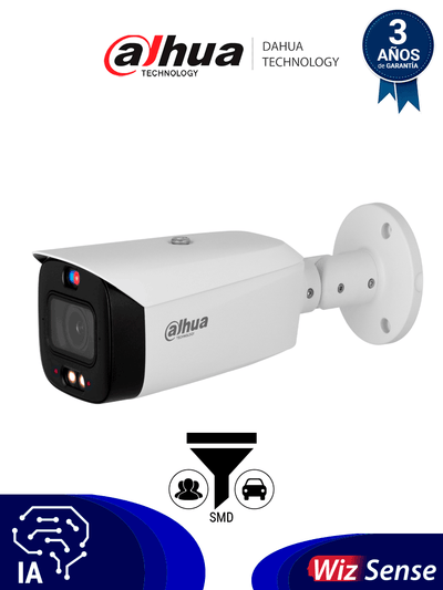 DAHUA DH-IPC-HFW3449T1-ZAS-PV - Cámara IP Bullet de 4 MP /WizSense/ Lente Varifocal/ TIOC 2.01/ disuasión activa de luz dual inteligente/ IR 50 m/Luz cálida 40 m/ SMD 4.0/ Disuasión Activa/ Audio bidireccional/ PoE/ IP67/ E&S de Alarma
