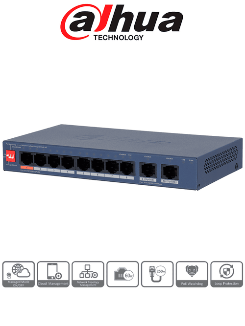 DAHUA DH-CS4010-8ET2GT-60 - Switch PoE de 10 Puertos / 60Watts Totales/ 1 Pto Hasta 60W/ 2 Puertos Uplink GE RJ45/ Switching 4.8Gbps/ Administrable en la Nube por DoLynk Care