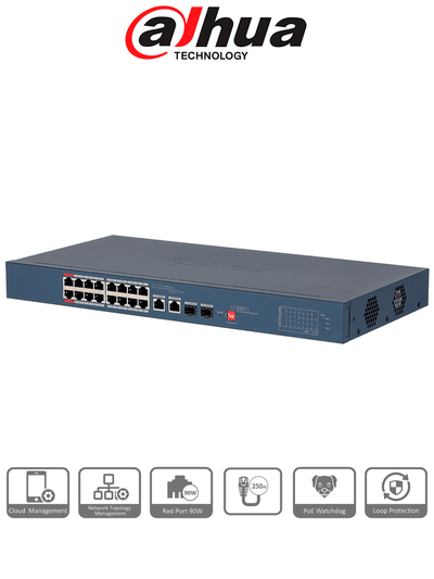DAHUA DH-CS4218-16ET-135-V2 - Switch PoE de 18 Puertos/ 16 Puertos Poe 10 & 100/ 2 Puertos Uplink G# + 2 Puertos SFP/ 135 Watts Totales/ Administrable en la Nube por DoLynk Care/ PoE Hasta 250 Metros/ Metal/ Switching 7.2 Gbps