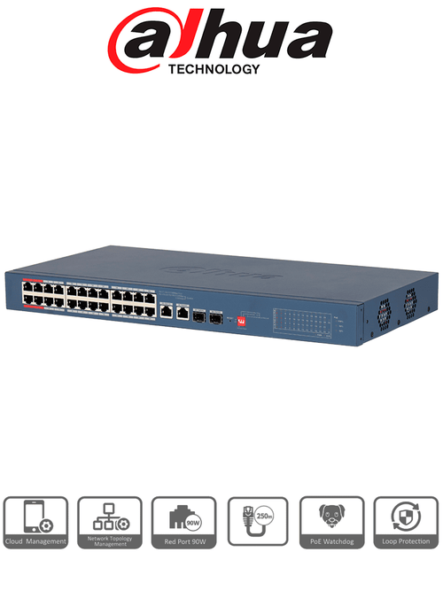 DAHUA DH-CS4226-24ET-240-V2 - Switch PoE de 26 Puertos/ 24 Puertos PoE 10 & 100/ 2Ptos Uplink GE + 2 Puertos SFP/ 2 Ptos PoE de Hasta 90W/ 240 Watts Totales/ Administrable en la Nube por DoLynk Care/ PoE Hasta 250 Metros/ Metal/ Switching 8.8 Gbps