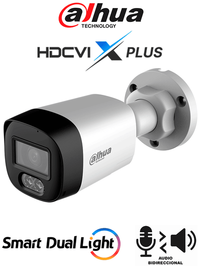 DAHUA DH-HAC-HFW1500RLN-IL-T - Cámara Bullet Full Color de 5 Megapixeles/Audio 2 vías/ Iluminador Dual Inteligente Mediante IR y Luz Calida/ Leds para 20 Metros/ DNR Para Reducción de Ruido en Imagen/ WDR de 120 dB/Lente de 2.8 mm/Policarbonato