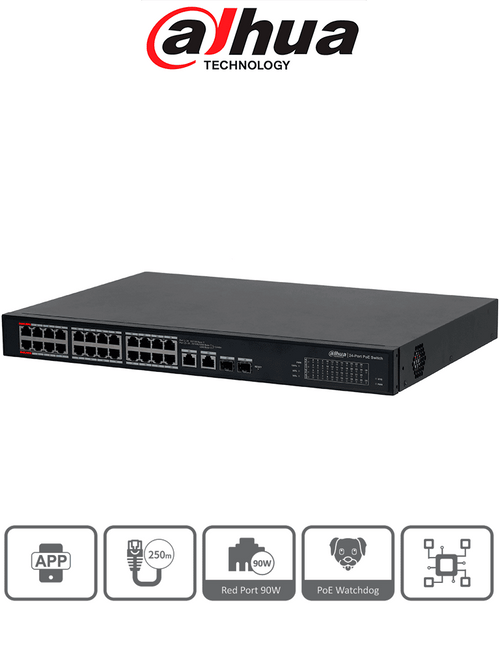 DAHUA DH-S4101-24ET2GF-360-C - Switch Administable en la Nube de 26 puertos/ 24 puertos PoE Hasta 360 Watts/ Hasta 250 mts de Conexión/ PoE watchdog / 10/100 Mbps/ Poe 2.0/ 8.8 Gbps/ 2 Ptos Hasta 90W de Suministro PoE/ Administrable Cloud por Dolink Care