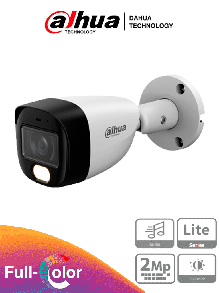 DAHUA HAC-HFW1209CM-A-LED-0280B-S3 - Cámara Bullet Full Color 1080p lente de 2.8 mm y ángulo de 108°. Micrófono integrado, WDR digital y 20 m de iluminación. Carcasa metálica IP67 para máxima resistencia.