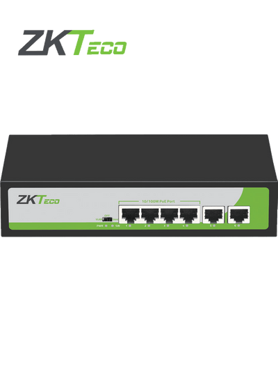 ZKTECO PE04255C -Switch de 4 Puertos Fast Ethernet PoE AF - AT / 2 Puertos RJ45 10/100 / Soporta hasta 250 mts sobre UTP CAT 6 / Protección Contra Descargas / NO Administrable