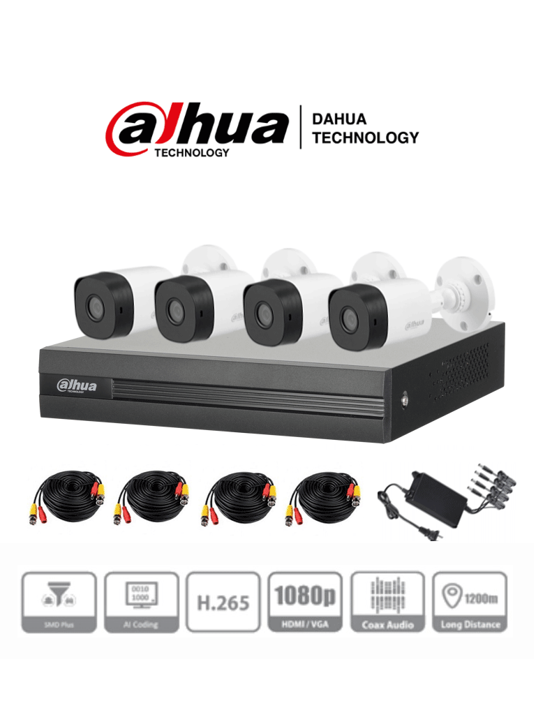 Kit Cámaras de seguridad de 2 Megapixeles/ DVR Cooper-I WizSense/ Con IA/ H.265+/ 4 Camaras B1A21 1080p/ 4 Canales SMD Plus/ Búsqueda de Humanos y Vehículos/ Accesorios Incluidos
